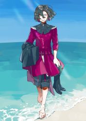 Rule 34 | 1boy, ^ ^, armor, barefoot, beach, black footwear, black hair, black pants, boots, unworn boots, cape, unworn cape, closed eyes, constantine xi (fate), day, earrings, facing viewer, fate/grand order, fate (series), full body, hair between eyes, highres, holding, holding cape, holding clothes, holding footwear, huzishiro, jewelry, male focus, ocean, pants, pants rolled up, parted lips, red armor, red tunic, short hair, sleeves rolled up, smile, solo, sunlight, tunic, wading, walking