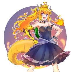 Rule 34 | &gt;:d, 1girl, :d, ahoge, armlet, asymmetrical arms, bare shoulders, black dress, blonde hair, bowsette, bowsette (cosplay), bracelet, breasts, cleavage, collar, cosplay, covered navel, crown, dress, earrings, evil smile, feet out of frame, female focus, fire, floating hair, hands on own hips, highres, horns, iesupa, jewelry, large tail, long hair, looking at viewer, mario (series), mechanical arms, medium breasts, monster girl, naughty face, new super mario bros. u deluxe, nintendo, open mouth, ponytail, prosthesis, prosthetic arm, purple eyes, rwby, sharp teeth, shell, single mechanical arm, smile, solo, spiked armlet, spiked bracelet, spiked collar, spiked shell, spiked tail, spikes, standing, strapless, strapless dress, super crown, tail, teeth, turtle shell, upper teeth only, wavy hair, yang xiao long