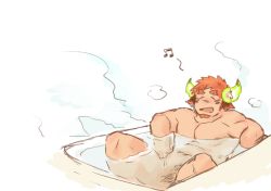 Rule 34 | 1boy, animal ears, bara, bathing, brown hair, chibi, commentary request, completely nude, cow boy, cow ears, cow horns, facial hair, fiery horns, forked eyebrows, goatee, horns, male focus, muscular, muscular male, musical note, nipples, nude, pectorals, pole2walker2, short hair, solo, spiked hair, steam, thick eyebrows, tokyo houkago summoners, torogao, wakan tanka