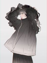 Rule 34 | 1girl, arms behind head, arms up, black coat, black hair, cicirelrel, coat, commentary, dark-skinned female, dark skin, english commentary, hair tie in mouth, highres, long hair, looking away, mouth hold, original, simple background, solo, standing, tying hair