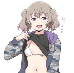 Rule 34 | 1girl, :d, bikini, bikini under clothes, breasts, camouflage, camouflage jacket, character request, copyright request, exhibitionism, fang, higashi ringo, jacket, lifting own clothes, light brown hair, navel, open clothes, open jacket, open mouth, public indecency, short hair, short twintails, skin fang, small breasts, smile, solo, swimsuit, twintails, upper body