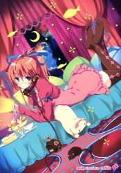 Rule 34 | 1girl, :o, absurdres, antique phone, bed, blue eyes, blush, brown thighhighs, cake, cake slice, cat, corded phone, crescent moon, cup, dress, drinking glass, dutch angle, feet, fish, food, frilled dress, frills, hair ornament, hair ribbon, highres, lying, moon, mouse (animal), night, no shoes, on stomach, orange hair, phone, pillow, pink dress, pink hair, plate, ponytail, refeia, ribbon, rotary phone, solo, star (symbol), sweets, thighhighs, window