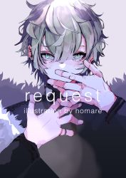 Rule 34 | 1boy, artist name, black shirt, blue eyes, commentary request, commission, covered mouth, earrings, english text, grey background, grey eyes, grey hair, covering own mouth, hands up, highres, homare eramoh, jewelry, long sleeves, looking at viewer, male focus, multicolored eyes, original, shirt, short hair, simple background, skeb commission, solo, upper body