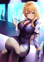 Rule 34 | 1girl, absurdres, ahoge, armband, bar (place), blonde hair, blouse, blue eyes, blush, braid, breasts, cocktail glass, cosplay, crossed legs, cup, drinking glass, highres, indie virtual youtuber, jill stingray, jill stingray (cosplay), large breasts, looking at viewer, miniskirt, mole, necktie, pantyhose, pencil skirt, red armband, red necktie, shirt, sitting on bar, skirt, smile, solo, thighs, va-11 hall-a, virtual youtuber, waistcoat, whiskey project, white shirt, yan kodiac