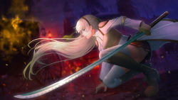 Rule 34 | 1girl, absurdres, black footwear, black hairband, blue eyes, blunt bangs, blurry, blurry background, boots, clothing cutout, floating hair, full body, hairband, highres, holding, holding sword, holding weapon, katana, knee boots, long hair, long sleeves, miniskirt, on one knee, original, outdoors, pleated skirt, red skirt, shoulder cutout, siunaus, skirt, solo, sword, thighhighs, very long hair, waist cape, weapon, wheel, white hair, white thighhighs, zettai ryouiki