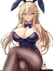 Rule 34 | 1girl, alternate costume, animal ears, arms behind back, bare shoulders, black bow, black bowtie, black leotard, black pantyhose, blonde hair, blue eyes, blush, bow, bowtie, breasts, closed mouth, commentary request, covered navel, crossed legs, detached collar, fake animal ears, highleg, highleg leotard, highres, iowa (kancolle), kantai collection, large breasts, leotard, long hair, looking at viewer, montemasa, pantyhose, playboy bunny, rabbit ears, rabbit tail, simple background, sitting, smile, solo, split mouth, star-shaped pupils, star (symbol), strapless, strapless leotard, symbol-shaped pupils, tail, thighs, white background, wrist cuffs
