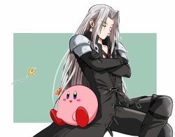 Rule 34 | 2boys, armor, black jacket, black pants, blue eyes, blush, border, bug, butterfly, chest strap, closed eyes, crossed arms, crossed legs, feet out of frame, final fantasy, final fantasy vii, full body, green background, grey hair, insect, jacket, kasenkasen5, kirby, kirby (series), long bangs, long hair, long jacket, long sleeves, male focus, multiple boys, nintendo, open mouth, pants, parted bangs, red footwear, sephiroth, shoulder armor, sitting, smile, super smash bros.
