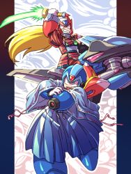 Rule 34 | 2boys, adapted costume, android, armor, blonde hair, border, capcom, clenched teeth, commentary request, energy blade, energy sword, hakama, hakama skirt, helmet, holding, holding weapon, japanese armor, japanese clothes, lightsaber, long hair, male focus, mega man (series), x (mega man), mega man x (series), minokurage, multiple boys, open mouth, skirt, sword, teeth, weapon, zero (mega man)