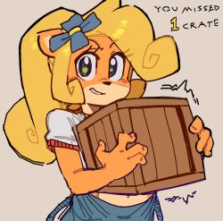 Rule 34 | 1girl, animal nose, coco bandicoot, covering privates, covering breasts, crash bandicoot (series), friendly mutton chops, furry, furry female, green eyes, holding, long hair, navel, overalls, overalls aside, ponytail, shirt, solo, wamudraws, wooden box
