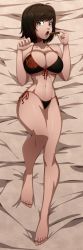 Rule 34 | 1girl, absurdres, bare shoulders, bikini, black hair, blush, breasts, cleavage, cookie, dakimakura (medium), flower, food, grey eyes, highres, incredibly absurdres, large breasts, lying, multicolored hair, navel, on back, ravenravenraven, red hair, rose, ruby rose, rwby, short hair, solo, stomach, swimsuit, thighs, two-tone hair