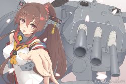 Rule 34 | 1girl, blush, breasts, brown hair, dated, gradient background, gun, hair between eyes, hair ornament, highres, kantai collection, large breasts, long hair, long sleeves, looking at viewer, nuka (nvkka), one-hour drawing challenge, open mouth, ponytail, red eyes, school uniform, serafuku, solo, turret, weapon, yamato (kancolle)