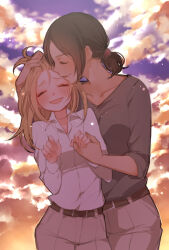 2girls ^_^ black_shirt blonde_hair blush brown_pants closed_eyes cloud cloudy_sky collarbone collared_shirt cowboy_shot facing_viewer freckles grabbing_another&#039;s_hair hands_up happy holding_hands krista_lenz low_ponytail mamaloni medium_hair multiple_girls open_mouth orange_clouds outdoors pants purple_sky shingeki_no_kyojin shirt short_ponytail sky smile standing white_shirt ymir_(shingeki_no_kyojin) yuri