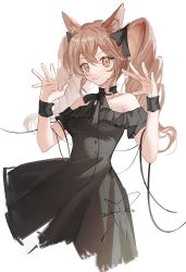 Rule 34 | 1girl, ambience synesthesia, angelina (arknights), animal ears, arknights, bare shoulders, black dress, black ribbon, brown eyes, brown hair, commentary request, dress, fox ears, hair between eyes, hair ribbon, hands up, highres, long hair, looking at viewer, off-shoulder dress, off shoulder, official alternate costume, ribbon, short sleeves, simple background, smile, solo, twintails, white background, wristband, zeriko