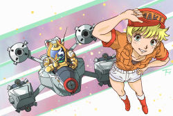 Rule 34 | 1980s (style), 1990s (style), 1girl, armor, baseball cap, blonde hair, boots, ginga hyouryuu vifam, green eyes, grin, hat, knee boots, kujira gunsou, maki lowell, maki rowel, retro artstyle, power armor, puppet fighter, retro artstyle, science fiction, short hair, short sleeves, shorts, smile, spacecraft, spacesuit, star (sky), star (symbol)