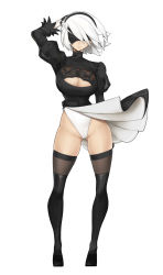 Rule 34 | 1girl, arm behind head, black dress, black footwear, black thighhighs, blindfold, boots, breasts, cleavage, dress, facing viewer, feather-trimmed sleeves, female focus, full body, highleg, highleg leotard, highres, large breasts, leotard, leotard under clothes, mole, mole under mouth, nier (series), nier:automata, ryusho, short hair, silver hair, simple background, skirt, solo, thigh boots, thigh gap, thighhighs, wind, wind lift, 2b (nier:automata)