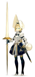 Rule 34 | 1girl, armor, blonde hair, blue eyes, boots, breastplate, buckler, commentary request, full armor, full body, hairband, highres, holding, holding weapon, km yama, knight, lance, looking at viewer, morion, original, parted lips, polearm, shield, shoulder armor, simple background, solo, pauldrons, weapon, white background