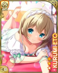 Rule 34 | 1girl, bare shoulders, bed, blonde hair, blue eyes, bow, card (medium), character name, closed mouth, day, dress, eto kurumi, girlfriend (kari), green bow, indoors, lying, official art, on stomach, ponytail, qp:flapper, sleepwear, smile, solo, tagme, white bow, white dress