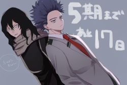 Rule 34 | 2boys, :/, black hair, black shirt, boku no hero academia, collared shirt, commentary request, dutch angle, eraser head (boku no hero academia), facial hair, from side, grey background, grey jacket, grey scarf, grey shirt, highres, jacket, long hair, long sleeves, looking at viewer, male focus, miyanami 3, multiple boys, necktie, open mouth, purple hair, red neckwear, scarf, school uniform, shinsou hitoshi, shirt, simple background, speech bubble, spiked hair, stubble, translation request, u.a. school uniform, upper body