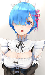 Rule 34 | 1girl, :o, bad id, bad pixiv id, black bow, black ribbon, blue eyes, blue hair, blush, bow, breasts, cleavage, commentary request, detached sleeves, flower knot, gradient background, hair ornament, hair over one eye, hair ribbon, highres, looking at viewer, maid, medium breasts, neck ribbon, pink ribbon, re:zero kara hajimeru isekai seikatsu, rem (re:zero), ribbon, roswaal mansion maid uniform, short hair, solo, toffee paint, upper body, white bow, x hair ornament