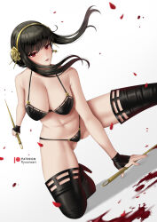 Rule 34 | 1girl, bikini, black bikini, black hair, black thighhighs, blood, breasts, cleavage, commentary, dagger, earrings, english commentary, gluteal fold, gold earrings, gold hairband, hair bun, hairband, halterneck, highres, holding, holding dagger, holding knife, holding weapon, jewelry, knife, large breasts, long hair, looking at viewer, navel, on one knee, open mouth, outstretched leg, patreon username, red eyes, ryuuneart, sidelocks, solo, spy x family, stiletto (weapon), swimsuit, thighhighs, weapon, white background, yor briar
