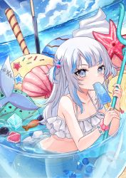 Rule 34 | 1girl, bikini, blue eyes, blue hair, bracelet, breasts, collarbone, fins, fish tail, food, food in mouth, frilled bikini, frills, gawr gura, hair bobbles, hair ornament, highres, holding trident, hololive, hololive english, ice, ice cream, ice cube, in water, innertube, jewelry, long hair, looking at viewer, multicolored hair, ocean, oversized food, oversized object, pocky, polearm, popsicle, popsicle in mouth, scrunchie, shark tail, small breasts, solo, starfish, streaked hair, summer, swim ring, swimsuit, tail, ten-chan (eternal s), trident, two side up, virtual youtuber, water, weapon, whipped cream, white bikini, white hair, wrist scrunchie