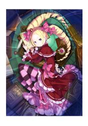 Rule 34 | 10s, 1girl, absurdres, beatrice (re:zero), blonde hair, blue eyes, book, bow, capelet, cat, cleavage cutout, clothing cutout, crown, dress, drill hair, frilled dress, frills, from above, hair ribbon, highres, long hair, lying, mini crown, on back, on side, ootsuka shin&#039;ichirou, open mouth, pantyhose, pink bow, pink footwear, puck (re:zero), re:zero kara hajimeru isekai seikatsu, red dress, ribbon, solo, striped bow, striped clothes, striped pantyhose, striped ribbon, twin drills, very long hair