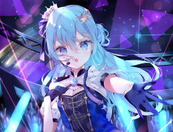 Rule 34 | 1girl, absurdres, blue eyes, blue hair, breasts, cleavage, cleavage cutout, clothing cutout, crown, gloves, glowstick, hair bun, hair ornament, hand on own chest, headset, highres, hololive, hoshimachi suisei, hoshimachi suisei (stellar into the galaxy), long hair, looking at viewer, mini crown, official alternate costume, one side up, open mouth, reaching, reaching towards viewer, shigureszku, short sleeves, small breasts, solo, star (symbol), star hair ornament, upper body, virtual youtuber
