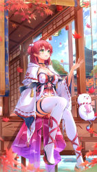 Rule 34 | 1girl, 35p (sakura miko), :d, absurdres, ahoge, autumn leaves, bell, black choker, breasts, capelet, choker, cleavage, green eyes, hair between eyes, hair ornament, highres, hololive, jingle bell, large breasts, long sleeves, looking away, medium hair, neck bell, open mouth, pom pom (clothes), pom pom hair ornament, red hair, red shirt, ribbon-trimmed sleeves, ribbon trim, sakura miko, sakura miko (work), shirt, sitting, smile, solo, syafa, thighhighs, two side up, virtual youtuber, white capelet, white thighhighs, wide sleeves