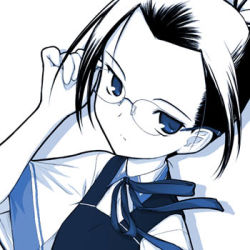 Rule 34 | 1girl, adjusting eyewear, akikaze shirakumo, blue theme, cold-blood, glasses, lowres, monochrome, solo, staring