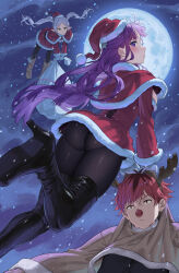 Rule 34 | 1boy, 2girls, absurdres, antlers, ass, black footwear, black hair, black pantyhose, blush, boots, breasts, brown footwear, brown sweater, capelet, closed mouth, commentary request, dress, elf, expressionless, fake antlers, fake nose, fern (sousou no frieren), floating hair, flying, frieren, full moon, fur-trimmed capelet, fur-trimmed dress, fur-trimmed headwear, fur trim, green eyes, grey hair, hat, high heel boots, high heels, highres, holding, holding sack, horns, large breasts, long hair, long sleeves, looking at viewer, mittens, moon, multicolored hair, multiple girls, night, orange eyes, pantyhose, pointy ears, pom pom (clothes), profile, purple eyes, purple hair, red capelet, red hair, red headwear, reindeer antlers, sack, santa costume, santa dress, santa hat, shoe soles, short hair, sideways glance, sinad aruatjanapat, snowing, sousou no frieren, stark (sousou no frieren), sweater, thigh boots, twintails, two-tone hair, white mittens