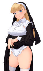 Rule 34 | 1girl, absurdres, amane a (007 uiro), bad id, bad pixiv id, blonde hair, blue eyes, blush, breasts, cross, cross necklace, frills, highres, jewelry, leotard, long hair, looking at viewer, necklace, nun, original, simple background, solo, thighhighs, veil, white background, white thighhighs