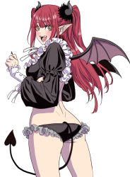 Rule 34 | 1girl, absurdres, ass, blush, breasts, commentary request, demon girl, demon horns, demon tail, detached sleeves, fangs, fingernails, frilled panties, frills, from behind, green eyes, highres, horns, kitagawa marin, lips, long sleeves, looking at viewer, looking back, medium breasts, midriff, mini wings, nail polish, open mouth, panties, pointy ears, puffy sleeves, red hair, rizu-kyun, simple background, smile, solo, sono bisque doll wa koi wo suru, tail, thighs, underwear, white background, wings, yamashita shun&#039;ya