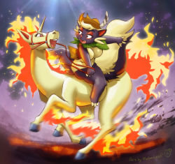 Rule 34 | 1girl, artist request, black eyes, breasts, creatures (company), female focus, fire, fire, furry, furry female, game freak, gen 1 pokemon, gen 4 pokemon, gradient background, highres, horse, leotard, nintendo, no humans, pokemon, pokemon (creature), rapidash, red eyes, riding, skuntank, solo