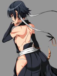 Rule 34 | 1girl, ass, bare back, black eyes, black hair, bleach, blush, breasts, closed mouth, grey background, highres, long hair, looking at viewer, looking back, no bra, panties, ryohei 29, shoulder blades, sideboob, simple background, skindentation, small breasts, solo, sui-feng, twintails, underwear, white panties