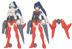 Rule 34 | 1girl, 30 minutes sisters, blue hair, boots, breasts, brown eyes, covered navel, doll joints, drill, frown, getter-2, getter robo, getter robo (1st series), highres, holding, joints, mecha musume, armored boots, parody, personification, ponytail, red footwear, small breasts, standing, style parody, tanimeso, thigh boots, thighhighs, v-shaped eyebrows, wheel, white background