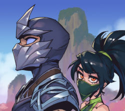 Rule 34 | 1boy, 1girl, akali, armor, bare shoulders, black hair, blue eyes, covered collarbone, from side, green hairband, hairband, league of legends, long hair, looking at another, mask, mountain, mouth mask, orange eyes, outdoors, phantom ix row, ponytail, portrait, shen (league of legends)