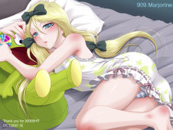 Rule 34 | 1boy, animification, barefoot, bed, blonde hair, blue eyes, bow, breasts, butters stotch, character name, crossdressing, happy tree friends, inui hiroshi, lingerie, long hair, lying, male focus, marjorine, nutty (happy tree friends), panties, pillow, solo, south park, striped clothes, striped panties, stuffed animal, stuffed toy, tears, trap, underwear
