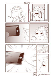 Rule 34 | animal print, apartment, backpack, bag, bear print, cable, cellphone, comic, commentary request, door, closed eyes, half-closed eyes, hat, highres, horns, iphone, kantai collection, mittens, monochrome, moomin, muppo, nightcap, one eye closed, pajamas, phone, sazanami konami, sleepy, smartphone, solo, translation request, window