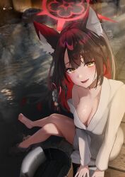 Rule 34 | 1girl, absurdres, alternate costume, animal ear fluff, animal ears, bare legs, barefoot, black hair, blue archive, blurry, blurry background, blush, breasts, bucket, cleavage, colored inner hair, crossed legs, dress, fox ears, halo, highres, large breasts, looking at viewer, luenar, multicolored hair, onsen, red eyes, refraction, revision, signature, single bare shoulder, sitting, smile, solo, steam, two-tone hair, wakamo (blue archive), white dress, wooden bucket, yellow eyes