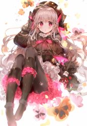 Rule 34 | 10s, 1girl, b rock, bad id, bad pixiv id, beret, black footwear, black gloves, black pantyhose, blush, boots, bow, commentary, fate/extra, fate (series), flower, frilled boots, frilled sleeves, frills, gloves, gothic lolita, grey hair, hand on headwear, hat, hat bow, highres, kneeboots, lolita fashion, long hair, long sleeves, looking at viewer, nursery rhyme (fate), pantyhose, petticoat, pink eyes, ribbon, solo, striped ribbon, water drop