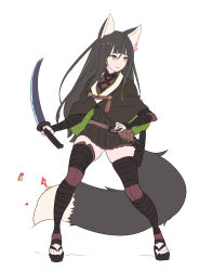 Rule 34 | 1girl, absurdres, animal ears, belt, black dress, black hair, brown capelet, brown eyes, capelet, clog sandals, closed mouth, copyright request, dress, enkyo yuuichirou, fighting stance, flower, fox ears, fox tail, full body, gluteal fold, hair flower, hair ornament, highres, holding, holding sword, holding weapon, katana, layered sleeves, legs apart, long hair, long sleeves, multicolored hair, no socks, pink flower, sandals, scabbard, sheath, short dress, short over long sleeves, short sleeves, simple background, skindentation, solo, streaked hair, sword, tail, thighhighs, weapon, white background, zouri