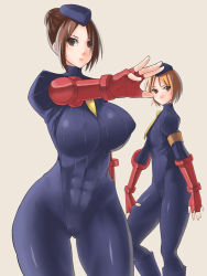Rule 34 | 2girls, abs, arm behind back, armband, armor, between breasts, blue legwear, bodysuit, boots, breasts, brown eyes, brown hair, capcom, closed mouth, contrapposto, covered erect nipples, covered navel, expressionless, fingerless gloves, garrison cap, gloves, grey background, hair bun, hair over one eye, hand on own thigh, hat, highleg, highleg leotard, hip bones, hip focus, huge breasts, juli (street fighter), juni (street fighter), leotard, looking at viewer, multiple girls, nagase haruhito, necktie, necktie between breasts, orange eyes, orange hair, outstretched arm, pantyhose, parted bangs, red gloves, ribbed leotard, short hair, simple background, single hair bun, skin tight, small breasts, spandex, standing, street fighter, thick thighs, thighs, toned, vambraces, wide hips