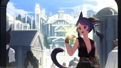 Rule 34 | 1girl, animal ears, architecture, belt, black shirt, blue sky, breasts, building, cloud, cloudy sky, commission, fairy, final fantasy, final fantasy xiv, hand up, highres, long hair, medium breasts, open mouth, original, purple hair, shirt, sky, sleeveless, sleeveless shirt, smile, solo, stairs, tail, tostantan, tree, upper body, warrior of light (ff14)
