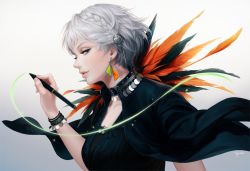 Rule 34 | 1girl, bracelet, capelet, feathers, green eyes, jewelry, original, pen, realistic, short hair, silver hair, simple background, solo, suda ayaka