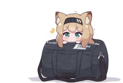 Rule 34 | +++, 1girl, animal ear fluff, animal ears, arknights, bag, black hairband, blonde hair, blush, chibi, closed mouth, commentary, duffel bag, english commentary, green eyes, hairband, horn (arknights), in bag, in container, kurotofu, mini person, minigirl, recruitment bag (arknights), shadow, short eyebrows, simple background, solo, thick eyebrows, white background
