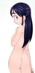 Rule 34 | 00s, 1girl, ass, black hair, blue eyes, cropped legs, futari wa precure, hand on own chest, long hair, looking at viewer, looking back, nude, precure, simple background, solo, standing, white background, yukishiro honoka