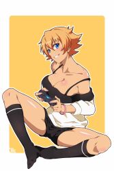Rule 34 | 1girl, :d, absurdres, bare shoulders, black shorts, black socks, blonde hair, blue eyes, border, bracelet, breasts, casual, cleavage, collarbone, commentary, commission, controller, drawing, english commentary, full body, game controller, grin, highres, holding, holding controller, igawa sakura, jewelry, keroroblack, large breasts, looking at viewer, off shoulder, open mouth, outline, short hair, shorts, smile, socks, solo, spread legs, sweater, taimanin (series), taimanin asagi, teeth, white border, white outline, white sweater, yellow background