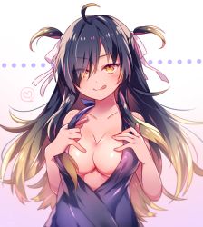Rule 34 | 1girl, ;q, ahoge, bare arms, bare shoulders, black dress, black hair, blonde hair, blush, breasts, cleavage, closed mouth, collarbone, commentary request, dress, gradient background, gradient hair, hair over one eye, hair ribbon, hand under clothes, hands on own chest, head tilt, heart, long hair, medium breasts, moe on drop, multicolored hair, naughty face, one eye closed, original, pink background, pink hair, ribbon, sidelocks, sleeveless, sleeveless dress, solo, speech bubble, spoken heart, tongue, tongue out, two side up, upper body, very long hair, white ribbon, yellow eyes