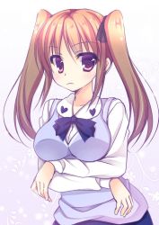 Rule 34 | 1girl, ameya kirika, blush, breasts, brown hair, closed mouth, copyright request, crossed arms, hair ribbon, large breasts, long hair, looking at viewer, ribbon, school uniform, solo, sweater vest, twintails, uniform