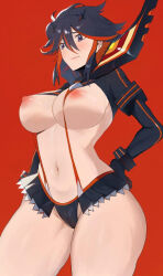 Rule 34 | 1girl, artist request, black gloves, black hair, blue eyes, breasts, closed mouth, female focus, gloves, groin, highres, horns, kill la kill, large breasts, looking at viewer, matoi ryuuko, microskirt, multicolored hair, navel, nipples, red background, red hair, red horns, revealing clothes, short hair, skirt, solo, source request, stomach, streaked hair, suspenders, thick thighs, thighs, two-tone hair